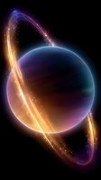 Glowing cosmic sphere with luminous orange and purple rings against dark space background, creating mystical astronomical atmosphere for science fiction designs.
