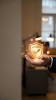 Businessman holding glowing verified shield icon with checkmark in office environment, representing security, trust, authentication, and digital protection for business applications.
