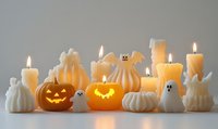 Glowing jack-o-lantern pumpkins with carved faces surrounded by lit candles and white ghost decorations on neutral background for seasonal holiday designs.