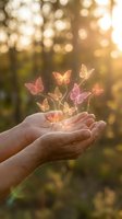 Open hands releasing glowing butterflies in warm sunlight with blurred nature background, symbolizing freedom, hope, and transformation for wellness and inspirational designs.