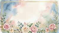 Watercolor floral frame with pink roses, eucalyptus leaves, and ornamental corners on aged paper background. Suitable for wedding invitations, greeting cards, and stationery design.