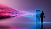 Silhouette of person entering glowing portal doorway with cosmic pink and blue energy waves, reflective surface creates mirror effect in surreal space.
