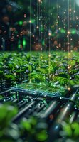 Futuristic smart farming concept with green plants growing from digital circuit board, glowing particles and light strings creating magical atmosphere.