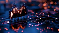 Stock market candlestick chart glowing with orange and blue lights on digital circuit board, representing financial data analysis and trading trends for investment platforms.