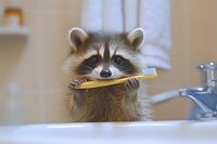 Curious raccoon holding yellow toothbrush at bathroom sink, promoting dental hygiene, pet care, and humorous wildlife moments for advertising and educational content.