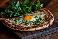 Homemade khachapuri with sunny side up egg and fresh herbs on rustic wooden board, traditional Georgian cheese bread with melted cheese and parsley garnish.