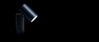 Black cylindrical spotlight with adjustable head isolated on transparent background, ready for design use in graphics, web design, and digital projects.