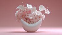 Delicate pink paper flowers arrangement in white crescent-shaped ceramic vase against soft pink background.