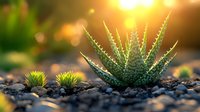 Succulent plant growing in rocky soil at sunset with golden bokeh background, green aloe vera in natural environment with warm sunlight glow.