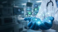 Healthcare professional displaying digital medical technology network with glowing icons and data connections in modern hospital environment.