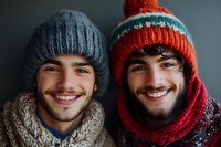 Two young Caucasian men wearing cozy winter knit hats and scarves smile warmly at camera, showing genuine happiness and friendship in casual seasonal portrait.