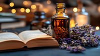 Open book with amber glass bottle and dried lavender flowers on dark surface, illuminated by warm bokeh lights creating cozy atmospheric composition.