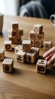 Wooden blocks with various symbols and icons scattered on desk surface with hand reaching toward them for creative storytelling and communication concepts.