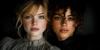 Two diverse young women with blonde and curly brown hair wearing cozy sweaters against dark background for fashion and lifestyle concepts.