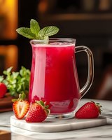 Fresh strawberry smoothie in glass pitcher with mint garnish and sliced berries on marble surface for healthy breakfast beverage concept.