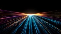 Futuristic digital light rays with dotted lines converging to bright center point against black background, creating dynamic perspective and technology concept.