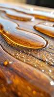 Golden honey-like liquid droplets on wooden surface, creating natural pattern with sunlight reflection for food or wellness concepts.