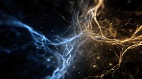 Glowing neural network visualization with blue and gold energy pathways against dark background, representing artificial intelligence or brain connectivity.