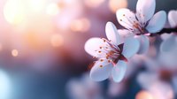 Delicate pink cherry blossoms with soft bokeh background in springtime sunrise light, macro photography showing detailed stamens and petals in dreamy atmosphere.