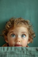 Curious toddler with bright blue eyes and blonde curly hair peeks over mint green blanket, expressing wonder and innocence against matching green background.