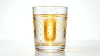 Effervescent golden beverage in glass with bubbles and condensation on white background, suitable for beverage advertising and product marketing.