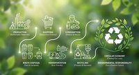 Circular economy concept with white line icons showing recycling process stages on blurred green nature background with sunlight and leaves.