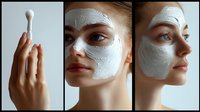 Young woman with white clay facial mask during skincare routine, collage showing application process and side profile view for beauty and wellness concept.