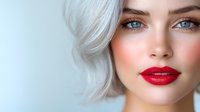 Close up portrait of young woman with platinum blonde hair, bright red lipstick, blue eyes and flawless makeup against light blue background. Professional beauty concept.