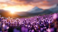 Lavender field at golden hour sunset with mountain landscape background creating peaceful natural scenery for wellness and relaxation themes.