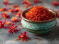 Dried saffron threads in rustic turquoise ceramic bowl on dark stone surface with scattered crimson stigmas, used in gourmet cooking.