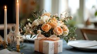 Elegant wedding table setting with peach roses centerpiece, white candles, and wrapped gift box on table. Romantic celebration decor in soft natural light.