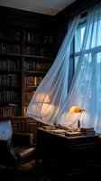 Elegant home office with dark wooden desk, brass lamp, and flowing sheer curtains by large window. Bookshelves line walls. Interior design, workspace, study room.
