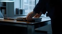 Professional in dark business attire organizing stacked notebooks on modern desk with laptop and city skyline visible through office window.