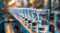 Shot glasses lined up on bar counter with golden bokeh lights creating atmospheric mood, shallow depth of field highlights crystal glass reflections.