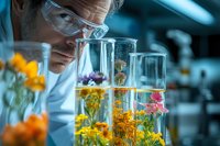 Male scientist in protective eyewear examining colorful flowers in glass test tubes filled with liquid solution in research laboratory setting, studying botany and plant science.