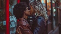 Romantic couple sharing intimate kiss on city street at night, illuminated by warm neon lights. African American and Caucasian women in leather jackets embrace in authentic urban setting.