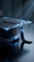 Digital graduation cap with circuit board patterns and holographic elements representing online education technology and virtual learning achievement.