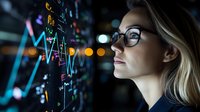 Young blonde businesswoman in glasses analyzing financial charts and market data on digital screen with glowing graphs and statistics in dark office environment.