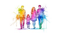 Happy family of four walking together in colorful watercolor style with paint splashes on white background for creative design projects.