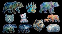 Watercolor bear sticker set with grizzly, mama and cub, paw print, and sleeping bear, isolated on transparent background, ready for t-shirt design, clipart, and print on demand.
