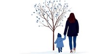 Young mother and child holding hands while walking near winter tree with blue leaves, minimalist line art style illustration on white background.