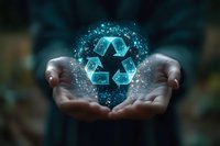 Glowing blue recycling symbol floating above dark-skinned hands with magical sparkle effect, representing environmental sustainability and eco-friendly concepts.