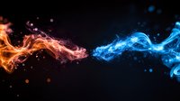 Dramatic collision of orange fire and blue ice energy streams with glowing particles and smoke effects on black background, abstract artistic design element.