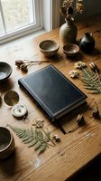 Leather journal on rustic wooden desk with compass, dried flowers, ferns, and ceramic bowls near a window, evoking adventure and mindfulness.