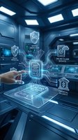 Digital auto insurance technology concept with holographic interface showing vehicle protection, online claims and financial security services.