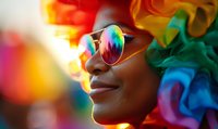 Young African American woman wearing rainbow reflective sunglasses and colorful accessories smiling during pride celebration with vibrant bokeh light effects.