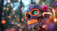 Ornate sugar skull with glowing neon details and intricate floral patterns against blurred bokeh lights background creates mystical Day of the Dead atmosphere.