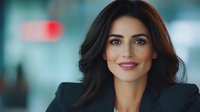 Confident Mediterranean businesswoman with long dark hair and bright smile wearing black blazer against blurred office background, professional corporate portrait.