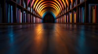 Illuminated tunnel corridor with dramatic perspective and colorful light reflections on floor. Architectural symmetry creates futuristic atmosphere for background designs.