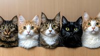 Five adorable cats of different breeds and colors sitting in row against beige background, looking directly at camera with expressive eyes and alert expressions.